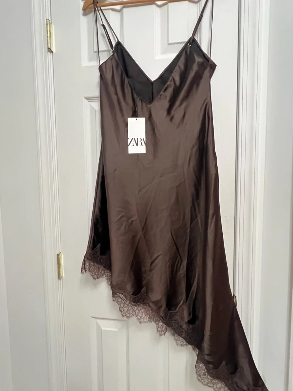 ZARA Satin Lace-Trim Slip Dress, Brown 8827|332 XL NWT - Picture 12 of 16